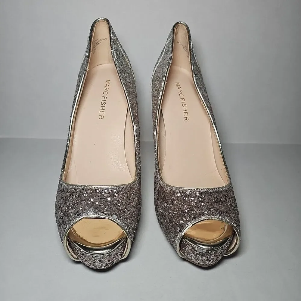 Women's Marc Fisher Peep Toe Metallic Glitter Sparkle Gold Silver Heels Pumps 7M